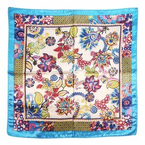Blue Floral Satin Square Scarf 20x20 Hair Neck Head Wrap Boho